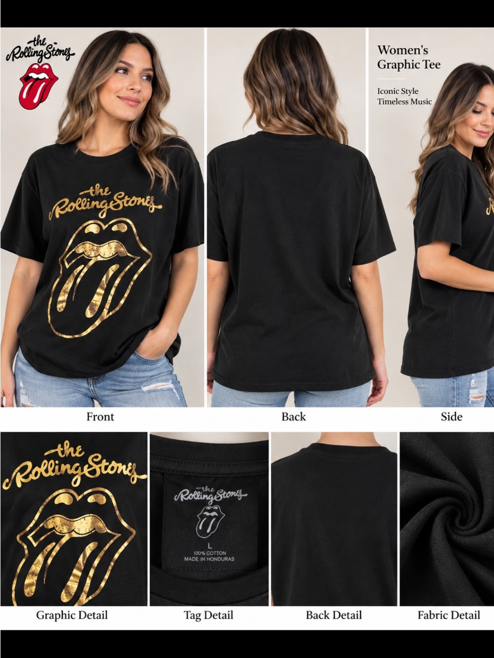 the Rolling Stones Black Kids Long Sleeve Tee with Gold Logo 206